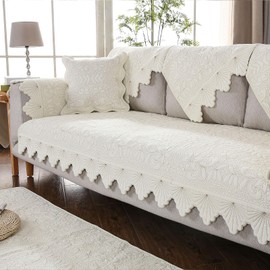 XSlive Cotton Embroidery Couch Sofa Cover Leaf and Floral Pattern Nonslip Quilted Furniture Protector Slipcover for Dogs, Children, Pets Sofa Slipcover Machine Washable (Cream,43"x94")