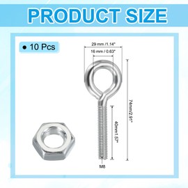 PATIKIL M8x40mm Eye Bolts, 10 Pcs Carbon Steel Threaded Eyebolt Eye Hooks Screws with Nut for Hanging or Securing Cables Silver