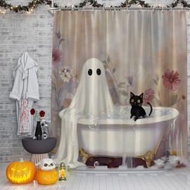 CCXTCZ Cute Ghost and Black Cat Shower Curtain for Bathroom Decor, Whimsical Floral Spooky Halloween Bath Curtain Set with 12 Hooks,Polyester Fabric, 70 x 70 Inch, Multi-Color