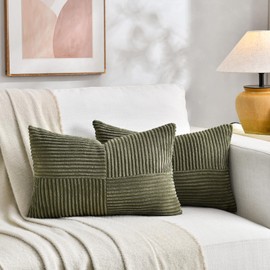 Fancy Homi Olive Green Lumbar Decorative Throw Pillow Covers 12x20 Inch for Living Room Couch Bed, Farmhouse Boho Home Decor, Soft Striped Corduroy Rectangle Accent Cushion Case 30x50 cm