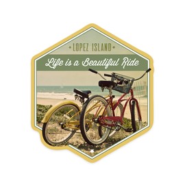Die Cut Sticker Lopez Island, Washington, Life is a Beautiful Ride, Bicycles and Beach Scene, Vinyl Sticker, (Waterproof Decal for Cars, Water Bottles, Laptops, Coolers), Large