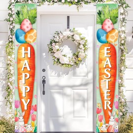 Easter Banner Decorations, 2Pcs Happy Easter Door Decorations for Party, 71x12Inch Tulips Porch Sign Banners for Home Office, Spring Decor for Front Door Sign Wall Hanging