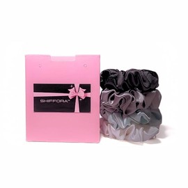 SHIFFORA Satin Silk Scrunchies For Women & Teens, Ponytail Holders, Elastic Bands, Hair Ties (Black, Light Grey, Dark Grey, White) [Pack of 4], With A Surprise Gift
