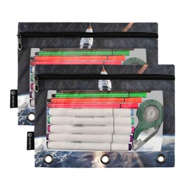 TEAMOMAS Space Rocket Nasa Earth Pencil Pouches for 3 Ring Binders Large Pencil Case Pencil Bags with Zipper Pouch Pencil Box Pen Bag with Clear Window for Office 2 Pack 040