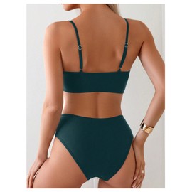 SweatyRocks Women's Two Piece Swimsuit Spaghetti Strap Twist Front Bikini Set Ruched High Waisted Bathing Suits Dark Green Medium