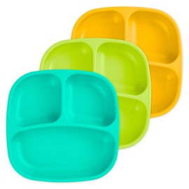 Re-Play Toddler Plates with Dividers - Deep-Walled 3 Compartments Divided Plates for Kids - Dishwasher & Microwave Safe - Made in USA - Set of 3-7.37" x 7.37" x 1.25" - Aqua Asst