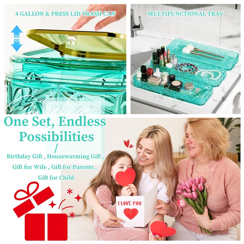 Bathroom Accessory Set, 9-Piece Teal Bathroom Set with Trash Can,