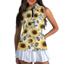 Suobstales Sunflower Bee Print Polo Shirt Tank Tops for Women, Loose Fit Sleeveless Golf Shirt 1/4 Zip Gym Workout Clothes Lightweight Moisture Wicking Yoga Running Summer Cooling Sports Outfits, M
