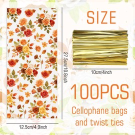 FYSUIMU 100Pcs Fall Floral Cellophane Bags with Gold Twist Ties Autumn Retro Flower Plastic Goodie Candy Bag Cello Gift Bags for Thanksgiving Wedding Bridal Shower