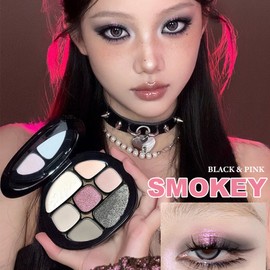 Smokey Eyeshadow Palette, Glitter & Matte Eye Shadow Pallets for Women, 8 Colors Shimmer Pressed Pigments Black Gray Pink Eye Shadows Make-Up Palette, Smokey Gothic Eyeshadow Gift