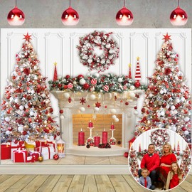 Christmas Fireplace Backdrop Red White Christmas Tree Garland Photography Background Winter Christmas Interior Family Kids Holiday Party Banner Decorations (8x6ft(96''x72''))