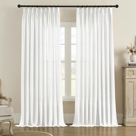 MASWOND White Pinch Pleated Semi Sheer Curtains 72 Inches Long for Living Room, Linen Pinch Pleat Drapes for Bedroom Light Filtering Window Curtains with Tieback and Hooks (52" x 72", 1 Panel)