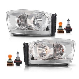 CHEDA Headlights Assembly w/Light Bar Compatible with Dodge Ram 1500 2006-2008/Fit Dodge Ram 2500 3500 2006-2009 Driver & Passenger Side Headlamps Clear Lens Chrome Housing Clear Reflector