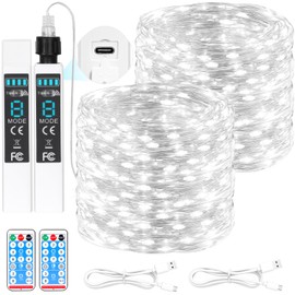 Lakumu Rechargeable Fairy Lights 66FT 2-Pack, 200 LED String Lights Battery Operated with Remote&Timer, Waterproof Outdoor Twinkle Lights for Camping DIY Christmas Party Garden Tree, Cool White