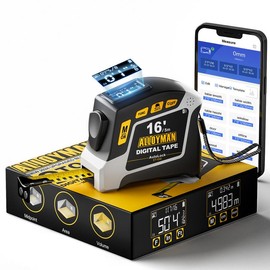 Alloyman 2-in-1 Digital Tape Measure, 16Ft Measuring Tape, 50 Groups Historical Memory, 6 Units Switch, 4 Measuring Modes, Auto Lock with Movable Magnetic Hook, Waterproof & Drop Proof, App Sync
