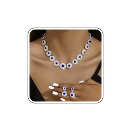 Janiasly Vintage Sparkling Crystal Rhinestone Necklace Earrings Set Gorgeous Sapphire Ruby Emerald Gem Jewelry Drop Earrings Costume Party Prom Festival Accessory for Women Bride Bridesmaid (Blue)