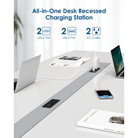 45W USB C Recessed Power Strip,Flush Mount Desk Recessed Outlet,Space-Saver for Furniture Side Table,2 USB-C &2 USB-A Ports,2 AC Outlets,6ft Cord,Ultra Thin Flat Plug