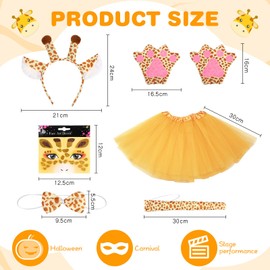 Hestya Giraffe Costume Set for Toddlers from 2 to 8 Years, Giraffe Ears, Headband, Tie, Giraffe Tail, Tutu Skirt, Gloves, Face Stickers for Carnival, Cosplay, Role Play, Pack of 6