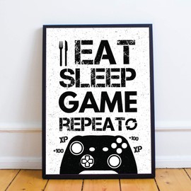 RED OCEAN Gaming Print Framed For Boys Bedroom Man Cave Sign Gamer Gift For Fan (A4 Print with Black Frame - Eat Sleep Game Repeat White XB)