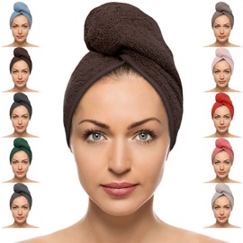 FAB-ON UK Hair Dry Towel 100% Cotton Turban Style Instant Drying Quick Absorbent Lightweight Button & Loop Closure One Size Hair Dry Cap For Curly Long Hair 64x24 CM