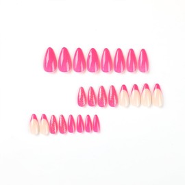 Hot Pink Press on Nails Medium Almond Fake Nails Pink Glitter False Nails French Tip Glossy Glue on Nails Full Cover Shiny Stiletto Artificial Stick on Nails for Women Girls Manicure 24Pcs