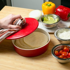 RSVP International Stoneware Tortilla Warmer & Server with Lid, Dishwasher, Microwave and Oven Safe, 8" Dia x 3", Red