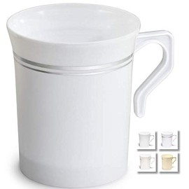 " OCCASIONS" 60 Mugs Pack, Heavyweight Disposable Wedding Party Plastic 8oz Coffee Mugs/Tea Cups/Cappuccino Cups/Espresso Cup with Handles (White & Silver Rim)
