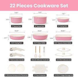 Kikcoin [Deal]Kikcoin Non-Toxic Nonstick Ceramic 22 pcs pots and pans set complete Cookware Set with Lids,Detachable Handle,PFAS-Free,Dishwasher Oven Safe,Kitchen Outdoorfun Induction Compatible - Colour: pink