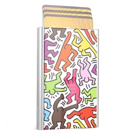 Ögon Aluminium Card Case - RFID Protection - Automatic and Original Wallet for Men & Women - Capacity 1 to 6 Cards - Card Holder for Credit Cards, Printed Keith Haring Color, Minimalist