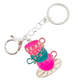 Stacked Teacups Keychain - Large Enameled Charm - Pink & Blue Tea Cups and Saucer - Swivel Keyring and Clip - Handmade by Green Acorn Kitchen