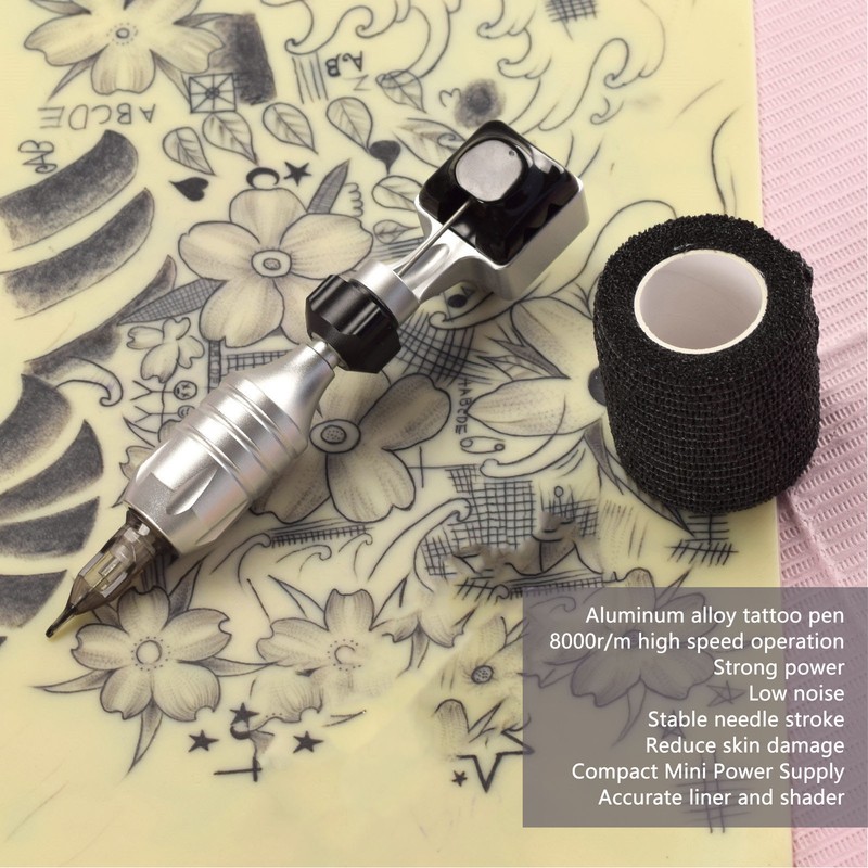 Rotary Tattoo Machine Kit Complete Professional Red Power Supply Silver