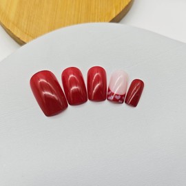24Pcs Valentine's Day Press on Nails French Fake Nails Medium Square Acrylic Nails with White Heart Designs Wine Red False Nails Glossy Stick on Nails Valentines Day Press on Nails for Women and Girls