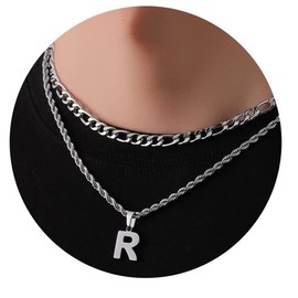 VCCKNB JEWELRY Initial Necklaces for Men, Letter Necklace A to Z, 316L Stainless Steel Cuban Link Chain, Multilayer Alphabet Pendant Necklace for Friend and Lover, 14K Gold Plated