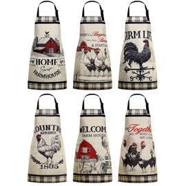 Bencailor 6 Pcs Kitchen Aprons Waterproof Aprons Adjustable Baking Cooking Aprons Themed Aprons for Home(Beige, Farm Rooster)