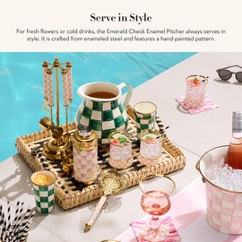 MACKENZIE-CHILDS Enamel Pitcher with Spout for Water, Cut Flowers, and Home Decor, 3 Quarts, Green-and-White Emerald Check