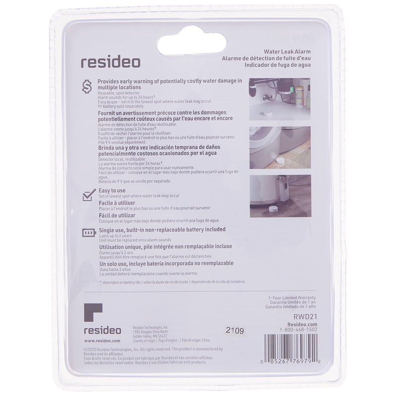 Resideo RWD21 Reusable Water Leak Alarm,White