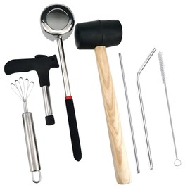 KITment 7-in-1 Coconut Opener Tool Set for Young Mature Coconuts, Coco Nut Meat Removal Tool with Rubber Mallet Meat Removal, Scraper, Straw, Food Grade 304 Stainless Steel