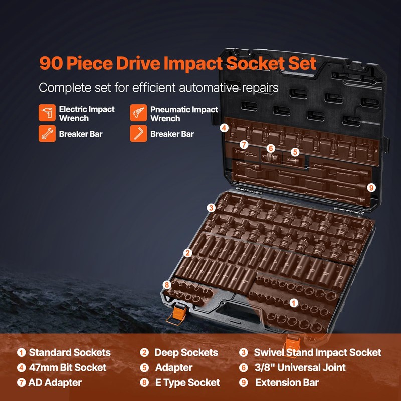 VEVOR Impact Socket Set 3/8" Drive, 90 PCS, CR-MO, SAE
