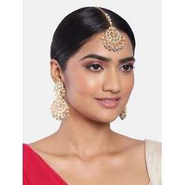 Aheli Exquisite Design Grey Colored Faux Kundan Chandbali Earrings Maang Tikka Set Ethnic Indian Jewelry Gift for Women