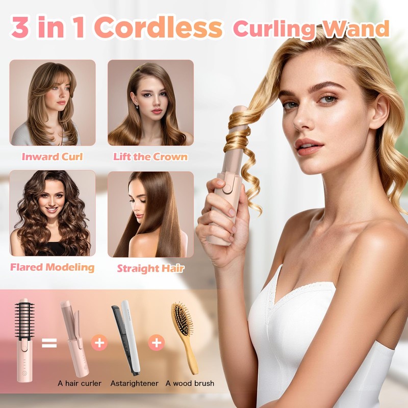 Cordless Curling Iron Rechargeable, 3-in-1 Portable Hair Curler for Travel