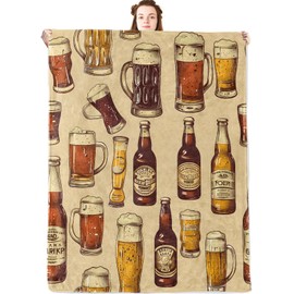 jwyta Beer Flannel Blanket,Vintage Bar Style Throw with Bottle,Mug and Glasses on Tan Background,Lightweight Fleece Blankets for Men,Couch,Cabin,Bed,Camping Retro Decor Gifts,60x50in