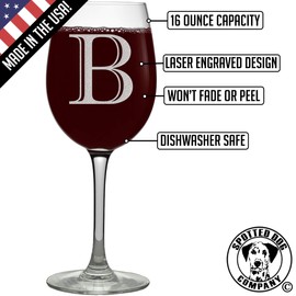 Etched Monogram 16oz Stemmed Wine Glass (Letter B)