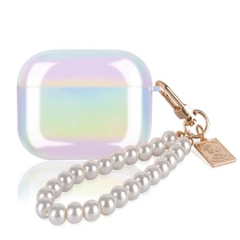 Glitter Laser Case for AirPods 3 (2021) with Pearl Wrist Chain Keychain,Colorful Bling Rainbow Design for Airpods 3rd Generation Protective Case for Women Girls Soft TPU Shock Proof-Pearl White
