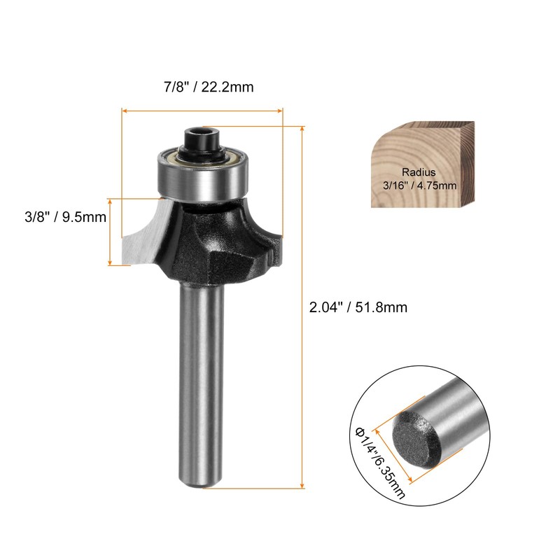 sourcing map Roundover Router Bit 1/4 Shank 3/16" Radius Carbide