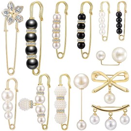 Rattmety 13PCS Pearl Brooch Pins for Women, Sweater Shawl Clip Neckline Safety Pin Faux Pearl Brooches Waist Tightener Safety Pins for Women Scarves, Jackets, Tops, Jeans and Dresses