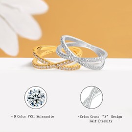 SILVERNANA Wedding Ring for Women Sterling Silver Moissanite Wedding Band Gold Plated Moissanite Diamond Criss Cross X Wedding Eternity Promise Ring Size 4