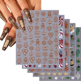 5 Sheets Christmas Nail Art Stickers Decals Xmas 3D Self-Adhesive Nail Stickers Gingerbread Man Elk Candy Cane Christmas Tree Snowman Gnome Nail Decals for Nail Art Winter Nail Supplies Decorations
