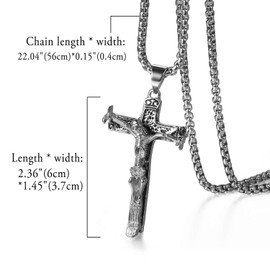 Flongo Cross Pendant Necklace,Men's Stainless Steel Skull Crucifix Jesus Christ Pendant Necklace,22 inch Chain Necklace for Mens Christmas Valentine