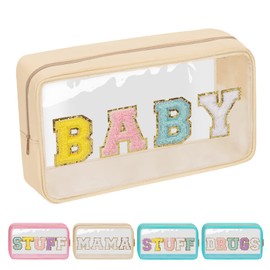 Iqimott - Bolsa de maquillaje transparente con parches de chenilla para mujer, para viajes, Beige-Baby