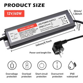 LED Transformer 12V 60W 5A, LED Power Supply Driver with Plug Waterproof IP67, LED Transformer, LED Driver AC170V-250V, Outdoor Transformer Constant Voltage for LED Lighting